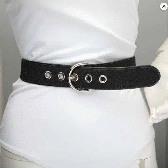 Coach Signature Jacquard Black Canvas Leather Belt Classic Monogram Silver K8 - Picture 5 of 16